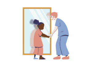 Photo of a physical therapist holding an eating disorder patient's hand in the mirror.
