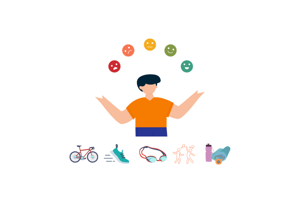 Graphic image of a person juggling emotions and various smaller images of different sports below to symbolize eating disorder physical therapy